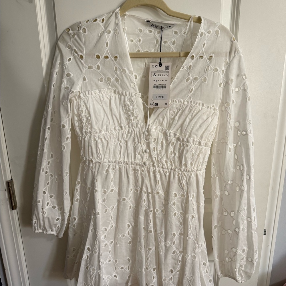 White Eyelet Long Sleeve Mini Dress